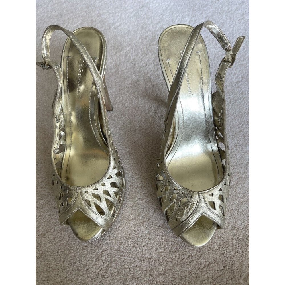 BCBGeneration Women's Heels 8.5B Gold 4" Platform Laser Cut Open Toe Sling Back